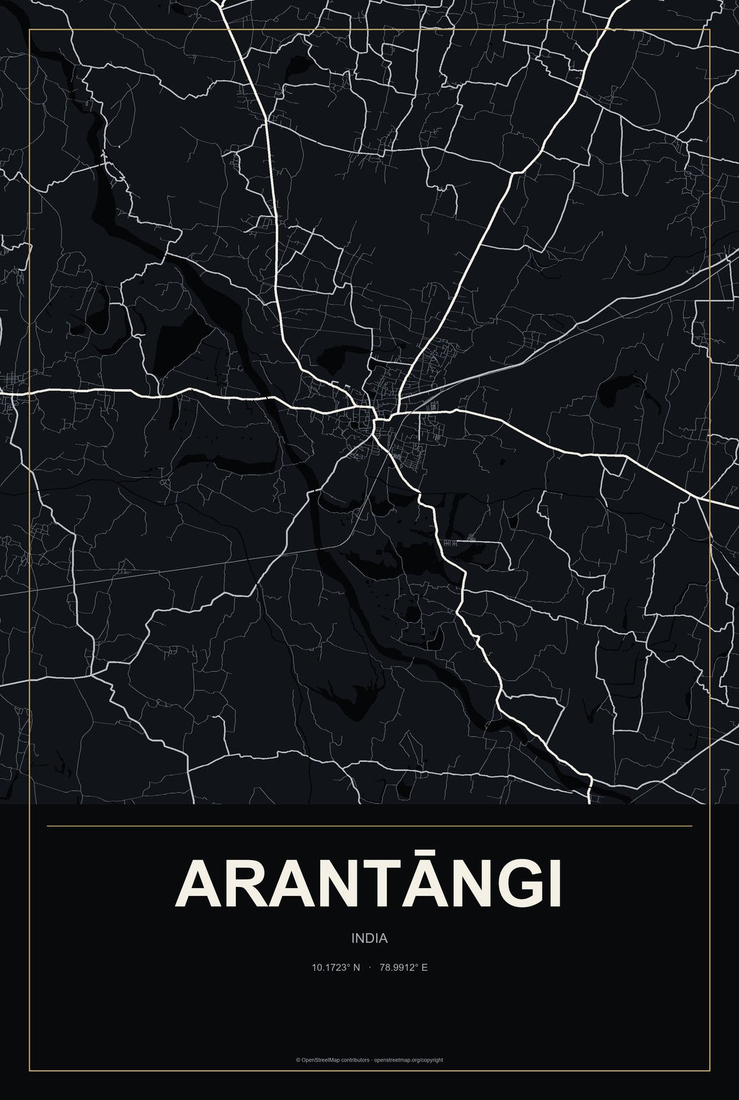 Arantāngi, India City Map Aluminum Sign in Metropolitan Noir style