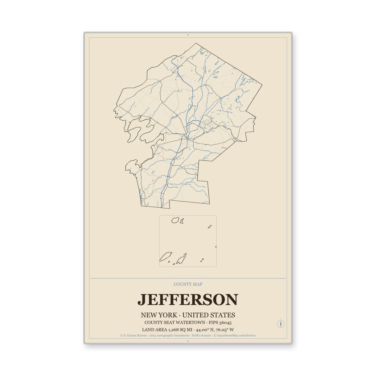 Jefferson County, New York Map Aluminum Sign in Heritage Nautical style