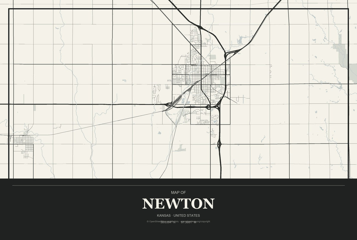 Newton, Kansas City Map Aluminum Sign in Museum Plaque style