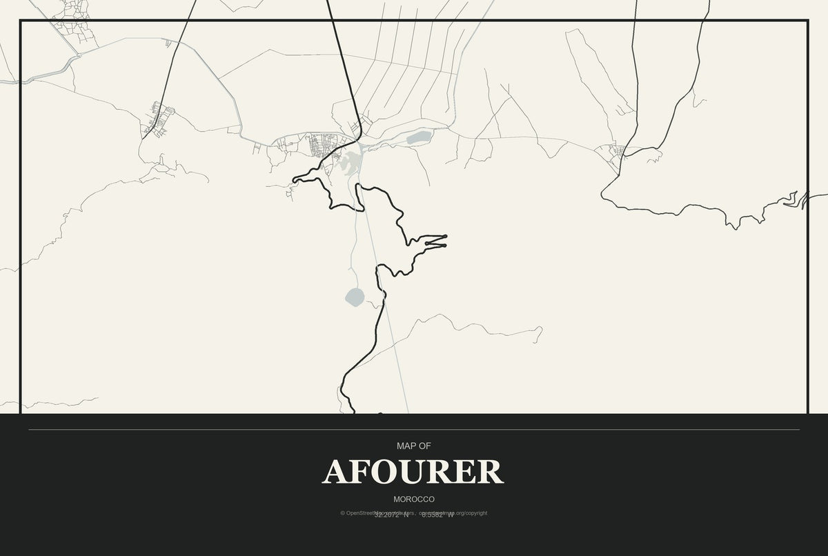 Afourer, Morocco City Map Aluminum Sign in Museum Plaque style