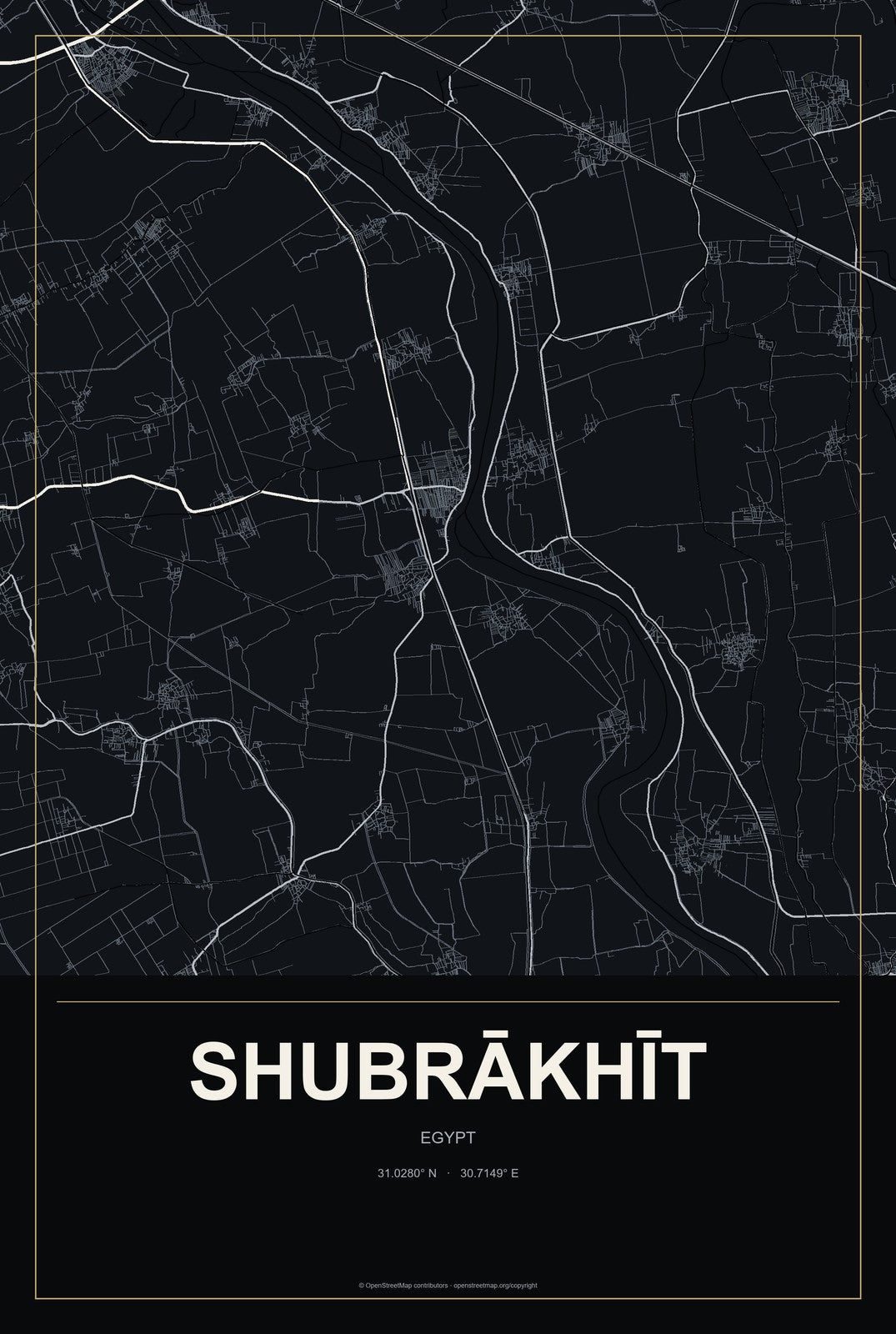 Shubrākhīt, Egypt City Map Aluminum Sign in Metropolitan Noir style