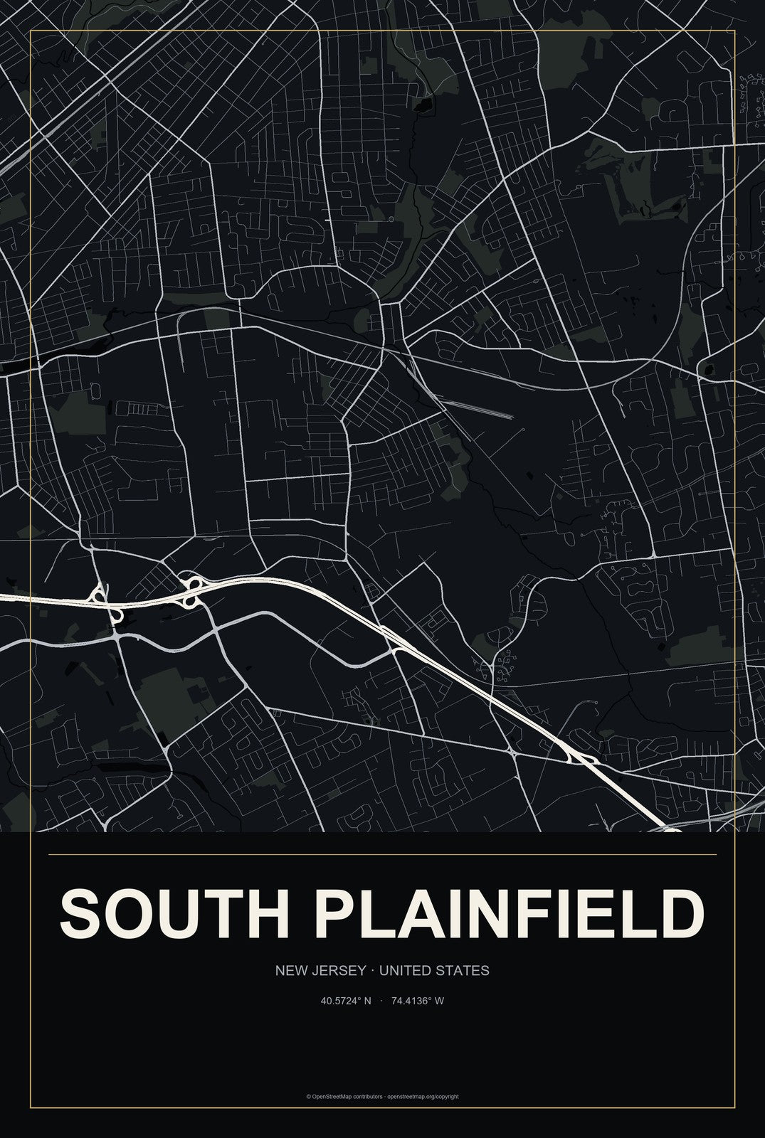 South Plainfield, New Jersey City Map Aluminum Sign in Metropolitan Noir style