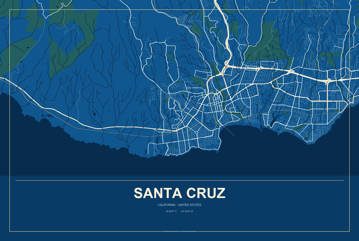 Santa Cruz, California City Map Aluminum Sign in Harbor Cobalt style