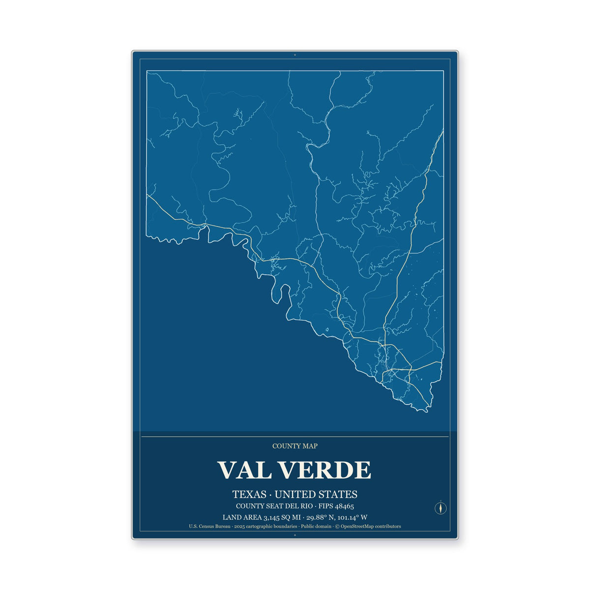 Val Verde County, Texas Map Aluminum Sign in Harbor Cobalt style
