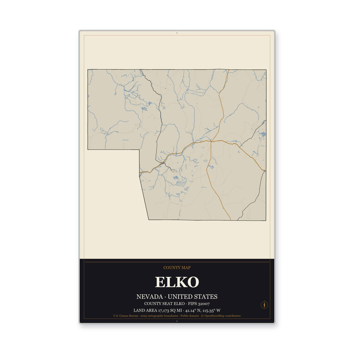 Elko County, Nevada Map Aluminum Sign in Museum Plaque style