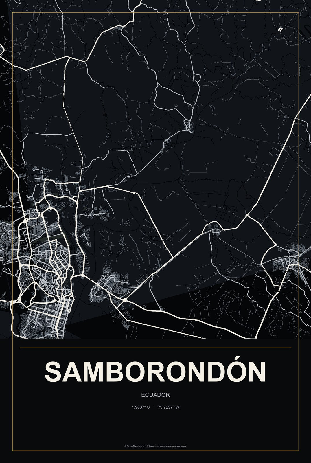 Samborondón, Ecuador City Map Aluminum Sign in Metropolitan Noir style