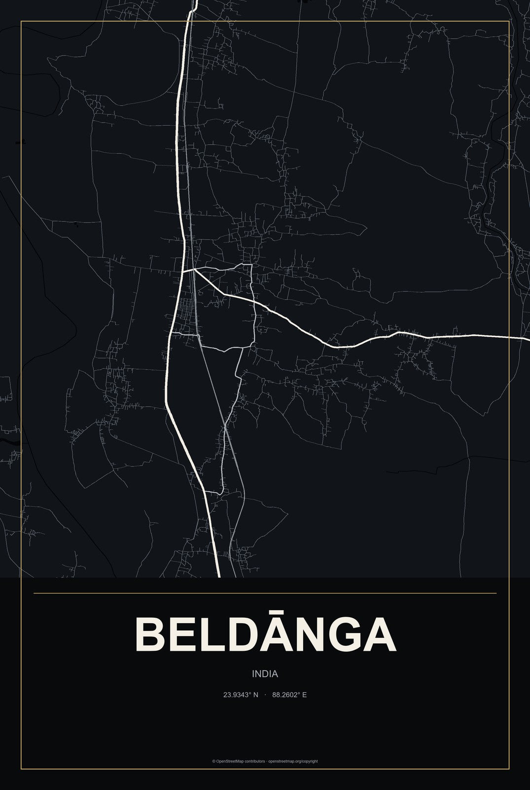 Beldānga, India City Map Aluminum Sign in Metropolitan Noir style