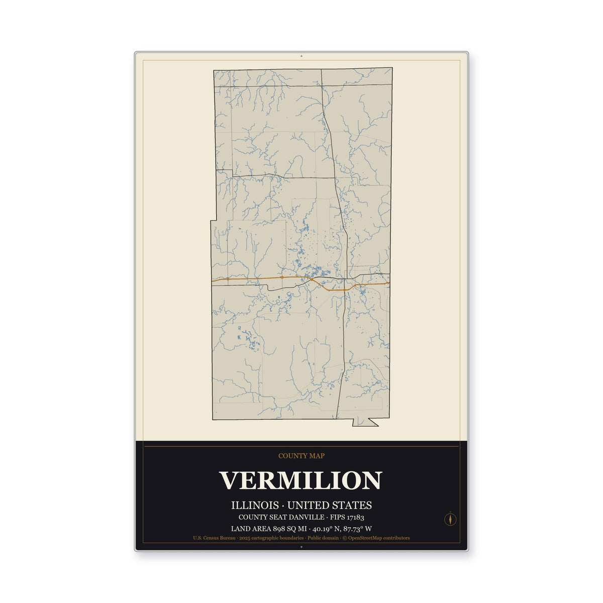 Vermilion County, Illinois Map Aluminum Sign in Museum Plaque style