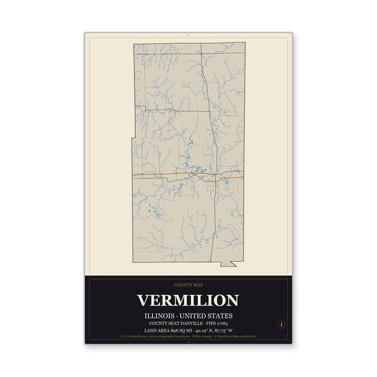 Vermilion County, Illinois Map Aluminum Sign in Museum Plaque style