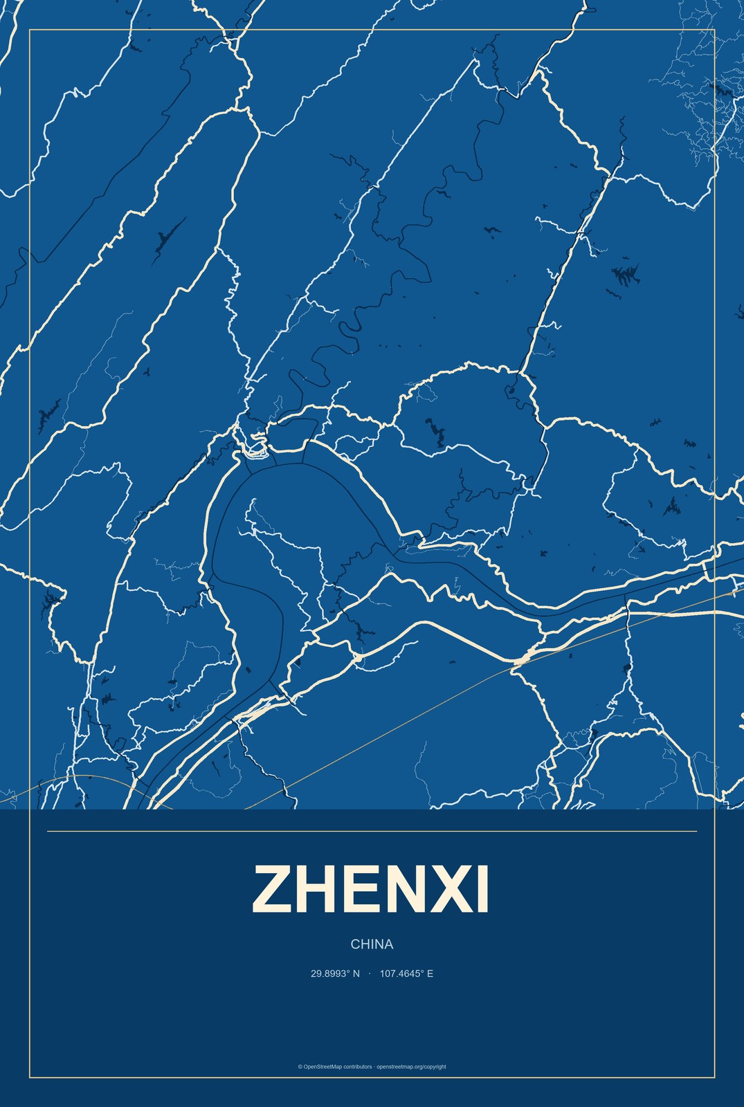 Zhenxi, China City Map Aluminum Sign in Harbor Cobalt style