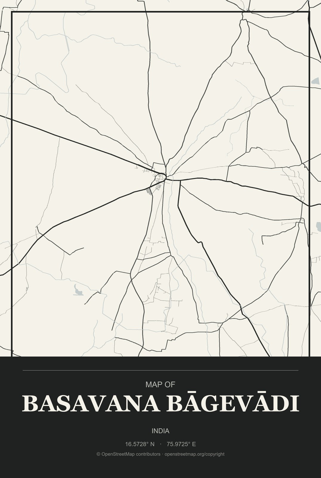 Basavana Bāgevādi, India City Map Aluminum Sign in Museum Plaque style