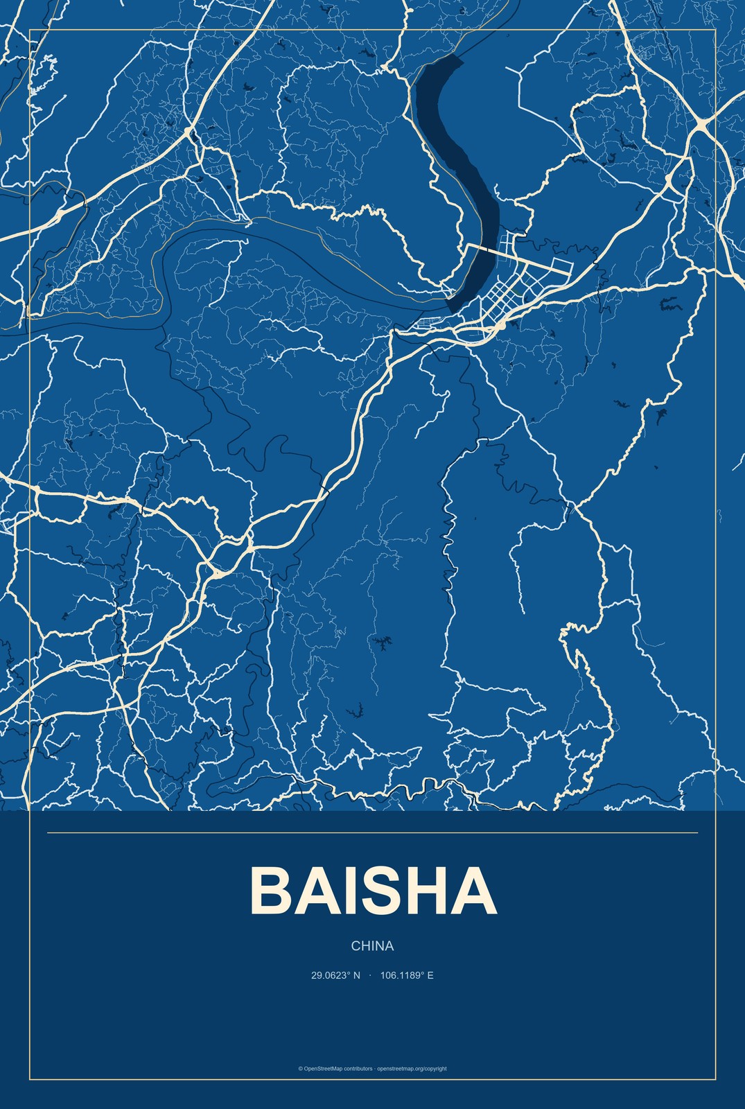 Baisha, Chongqing, China City Map Aluminum Sign in Harbor Cobalt style