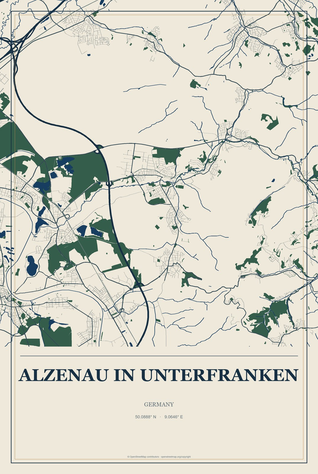 Alzenau in Unterfranken, Germany City Map Aluminum Sign in Coastal Cutout style