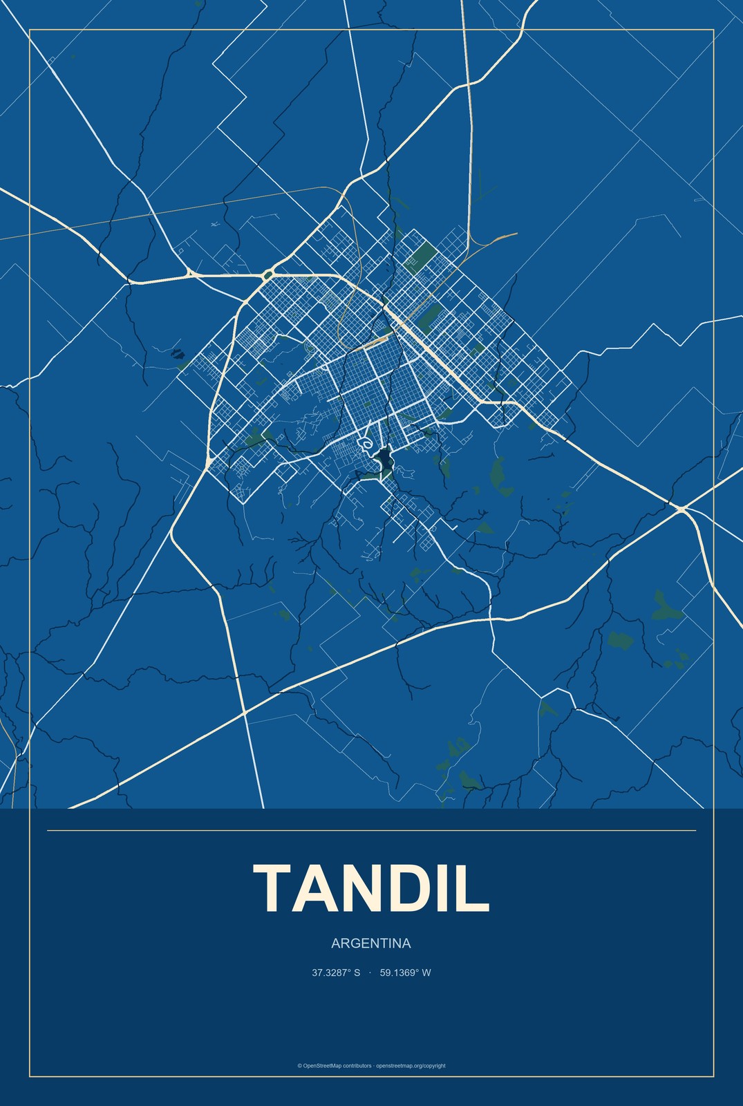 Tandil, Argentina City Map Aluminum Sign in Harbor Cobalt style