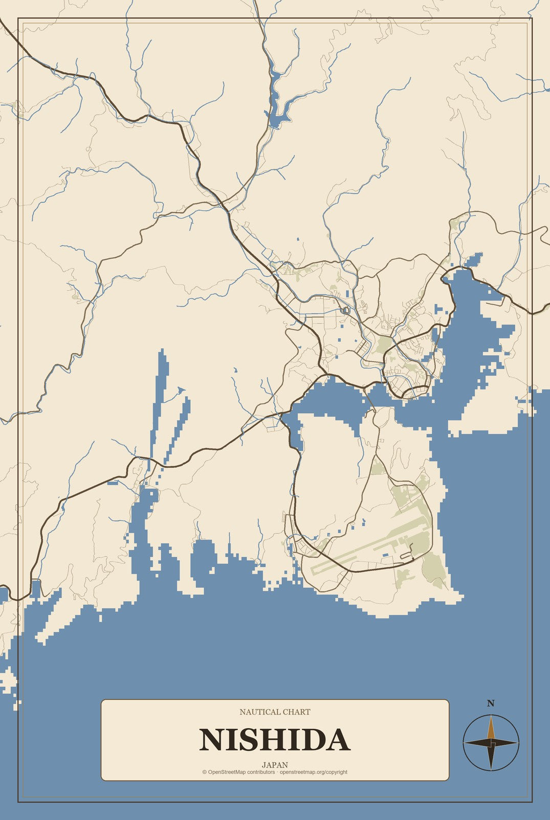 Nishida, Japan City Map Aluminum Sign in Heritage Nautical style