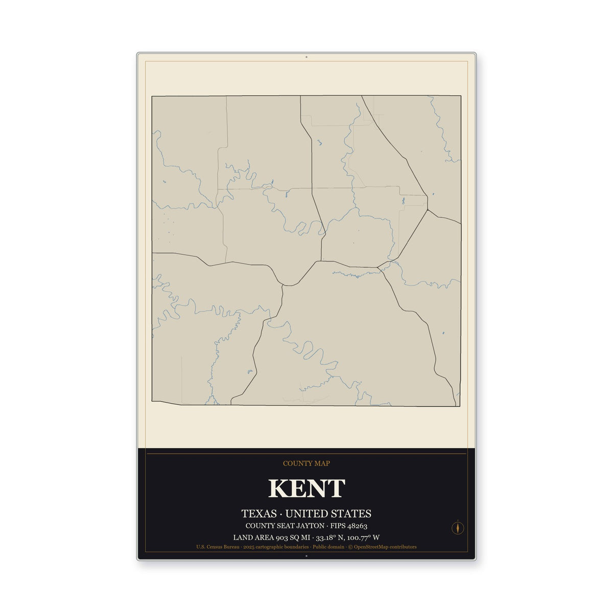Kent County, Texas Map Aluminum Sign in Museum Plaque style