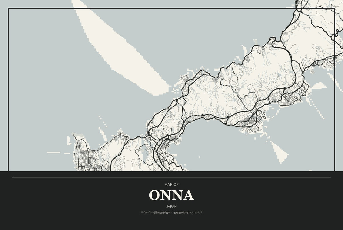 Onna, Japan City Map Aluminum Sign in Museum Plaque style