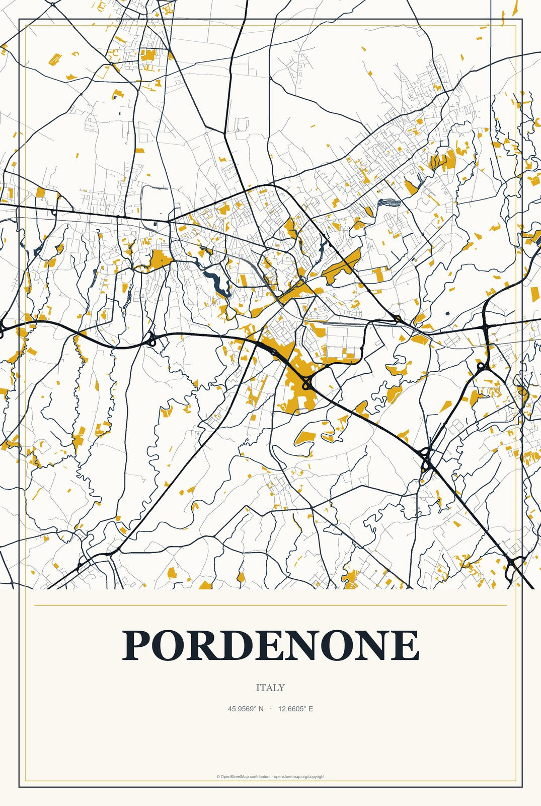 Pordenone, Italy City Map Aluminum Sign in Citrine Modern style