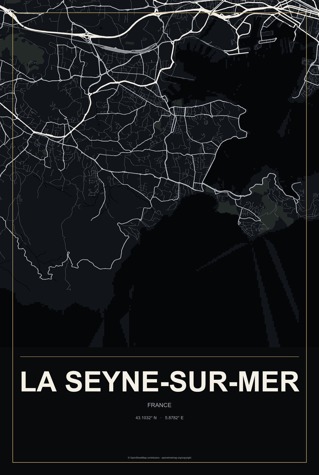 La Seyne-sur-Mer, France City Map Aluminum Sign in Metropolitan Noir style