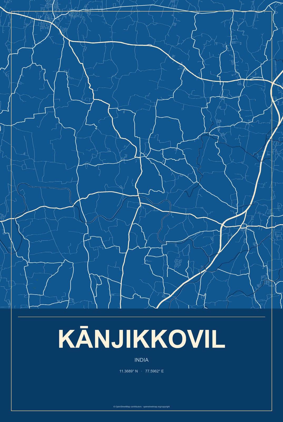 Kānjikkovil, India City Map Aluminum Sign in Harbor Cobalt style