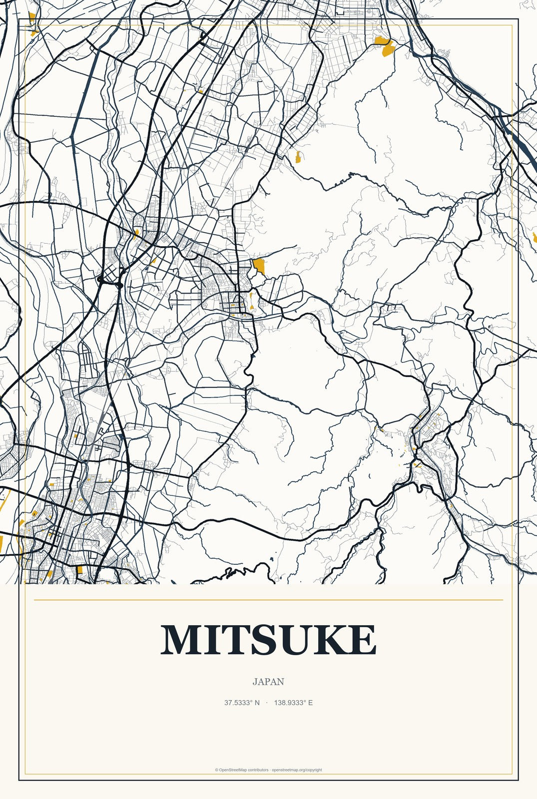 Mitsuke, Japan City Map Aluminum Sign in Citrine Modern style