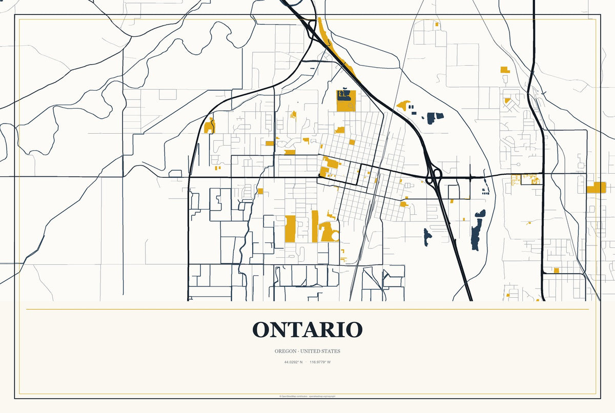 Ontario, Oregon City Map Aluminum Sign in Citrine Modern style