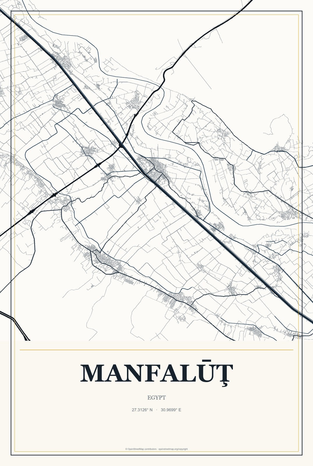 Manfalūţ, Egypt City Map Aluminum Sign in Citrine Modern style