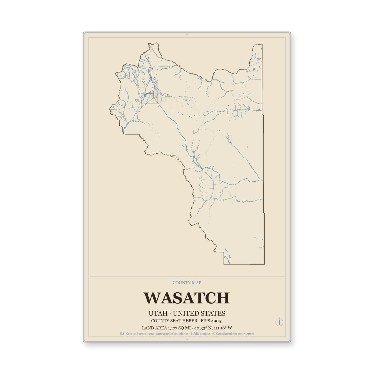Wasatch County, Utah Map Aluminum Sign in Heritage Nautical style