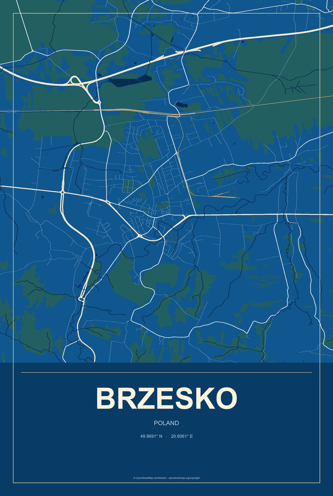 Brzesko, Poland City Map Aluminum Sign in Harbor Cobalt style