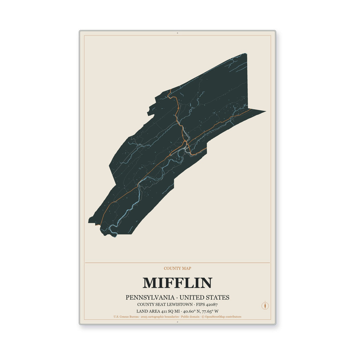 Mifflin County, Pennsylvania Map Aluminum Sign in Headline Atlas style
