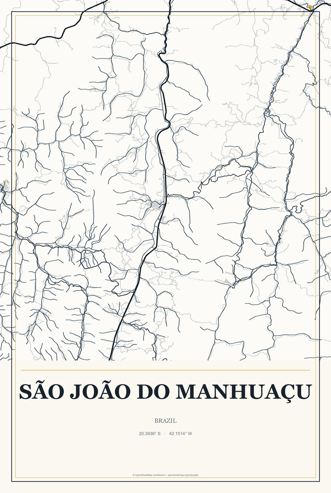 São João do Manhuaçu, Brazil City Map Aluminum Sign in Citrine Modern style