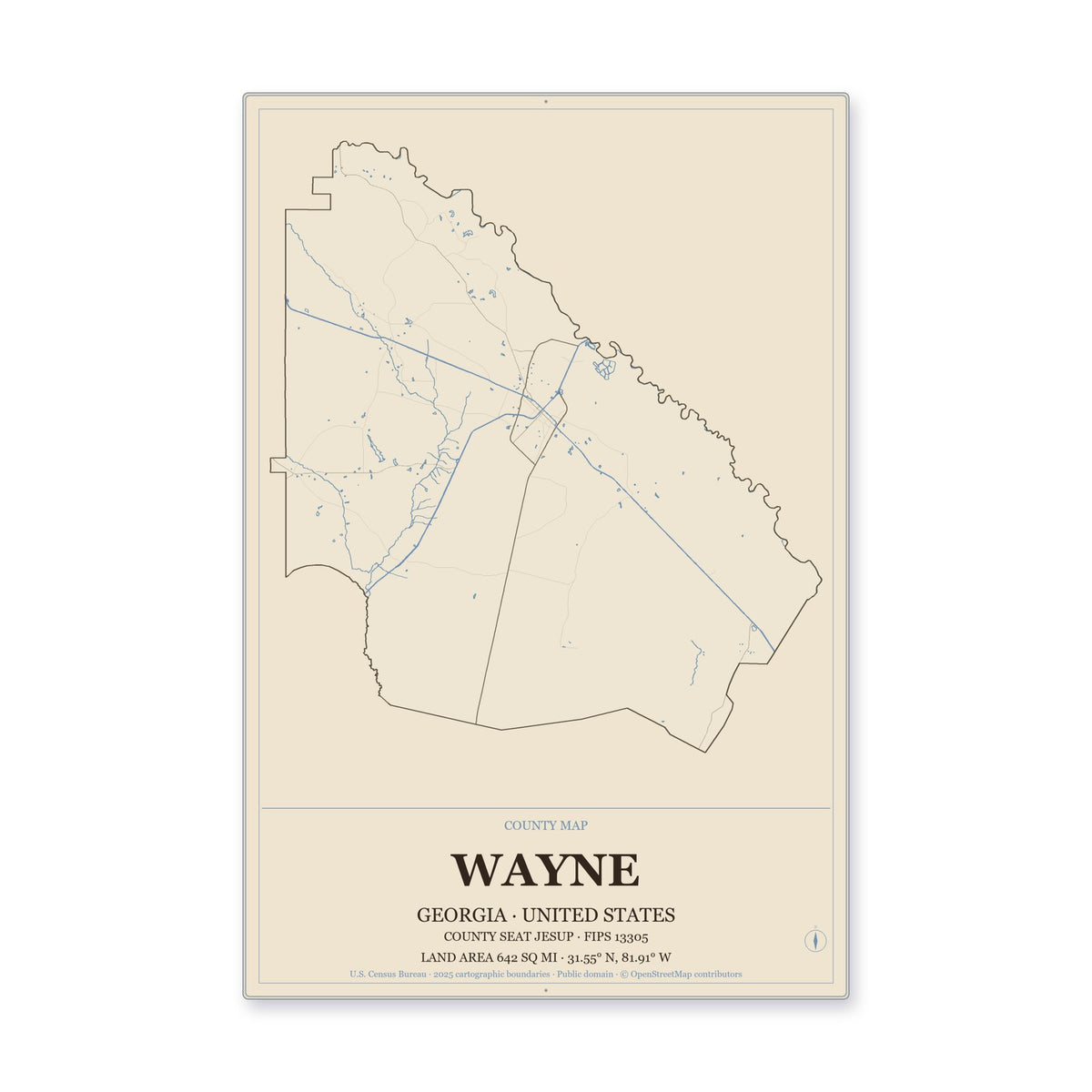 Wayne County, Georgia Map Aluminum Sign in Heritage Nautical style
