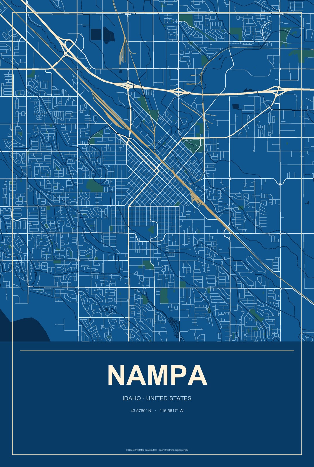 Nampa, Idaho City Map Aluminum Sign in Harbor Cobalt style