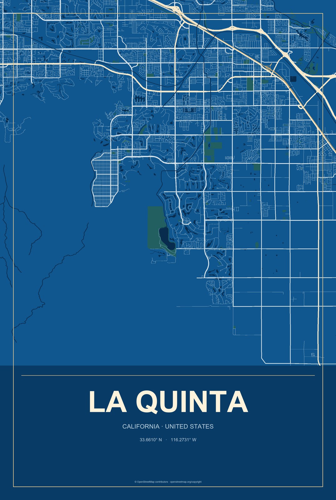 La Quinta, California City Map Aluminum Sign in Harbor Cobalt style