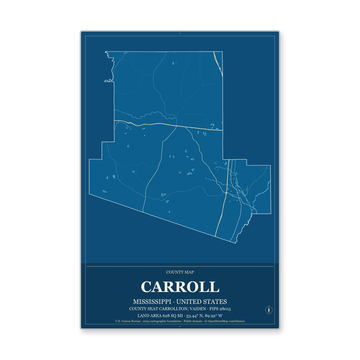 Carroll County, Mississippi Map Aluminum Sign in Harbor Cobalt style