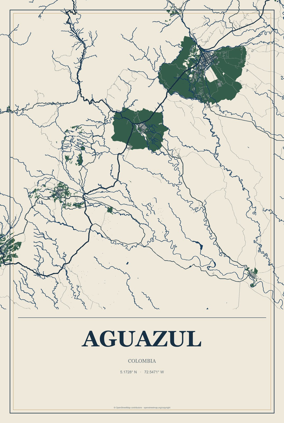 Aguazul, Colombia City Map Aluminum Sign in Coastal Cutout style