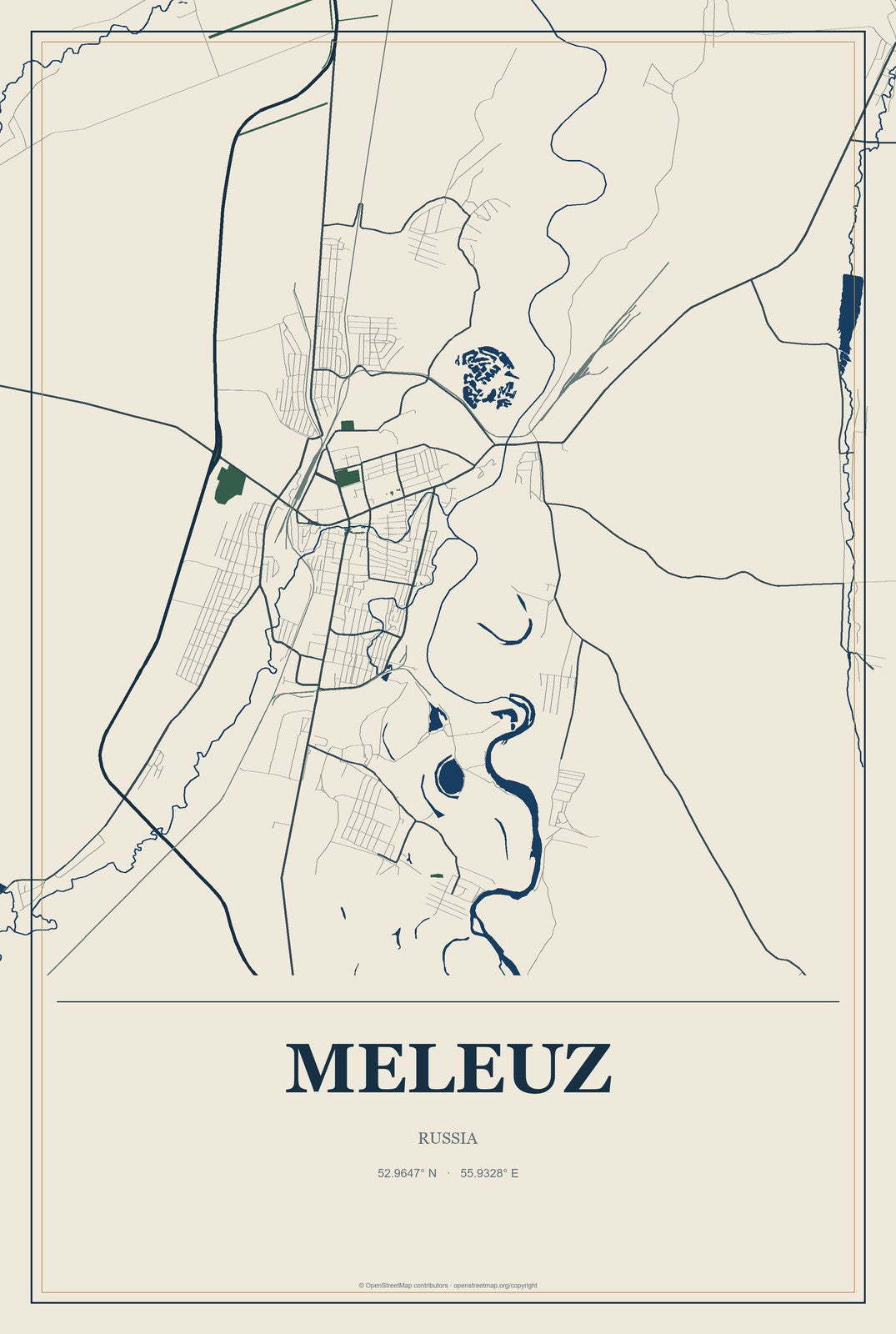 Meleuz, Russia City Map Aluminum Sign in Coastal Cutout style