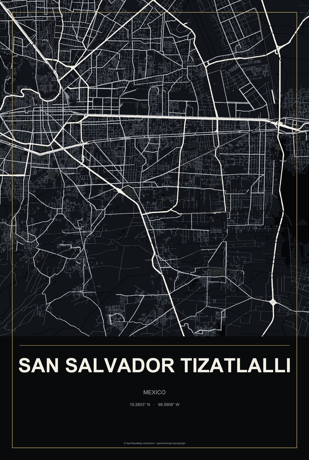 San Salvador Tizatlalli, Mexico City Map Aluminum Sign in Metropolitan Noir style