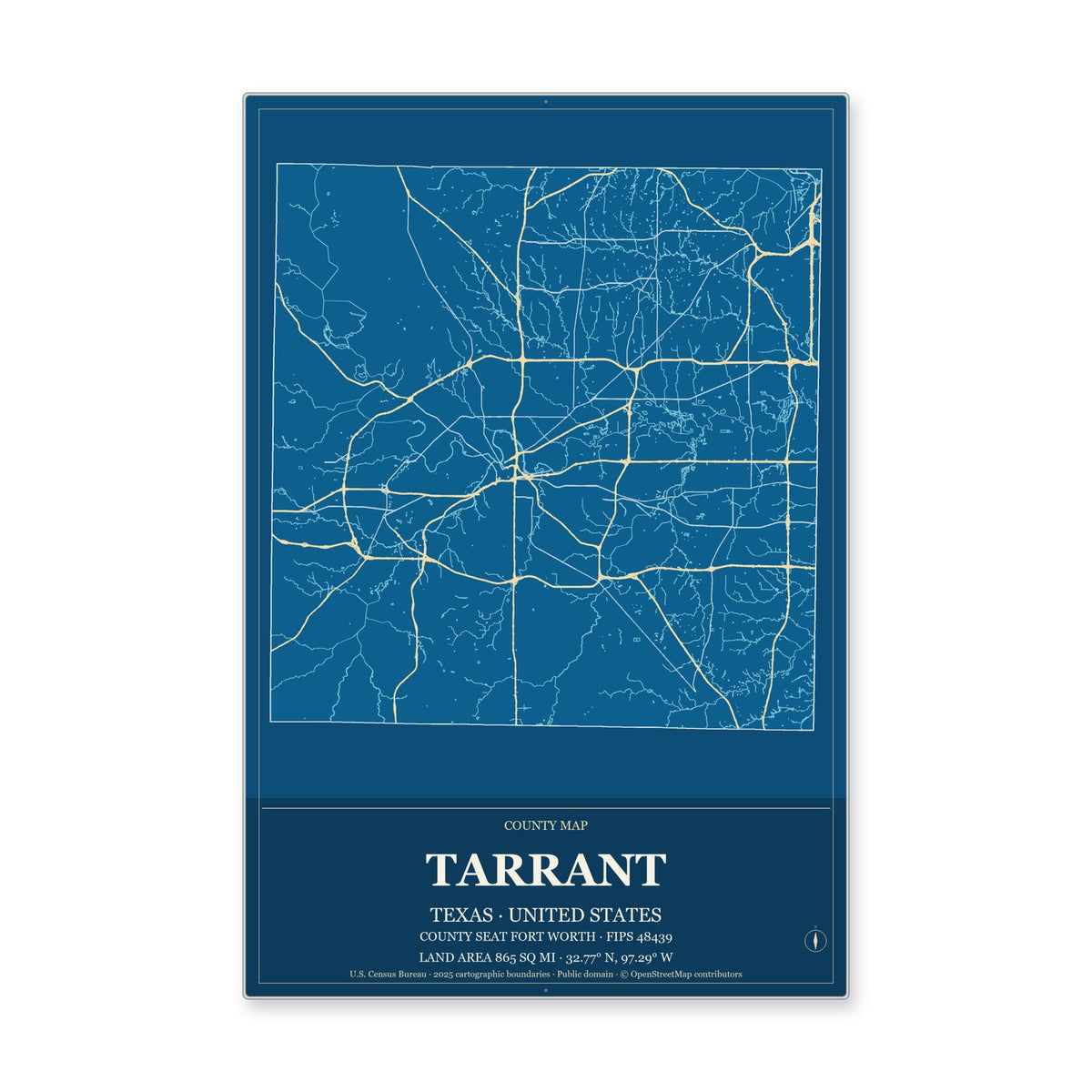 Tarrant County, Texas Map Aluminum Sign in Harbor Cobalt style