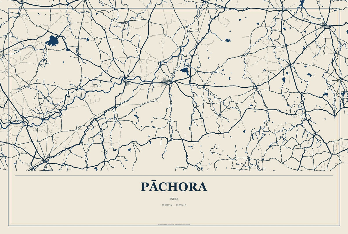 Pāchora, India City Map Aluminum Sign in Coastal Cutout style