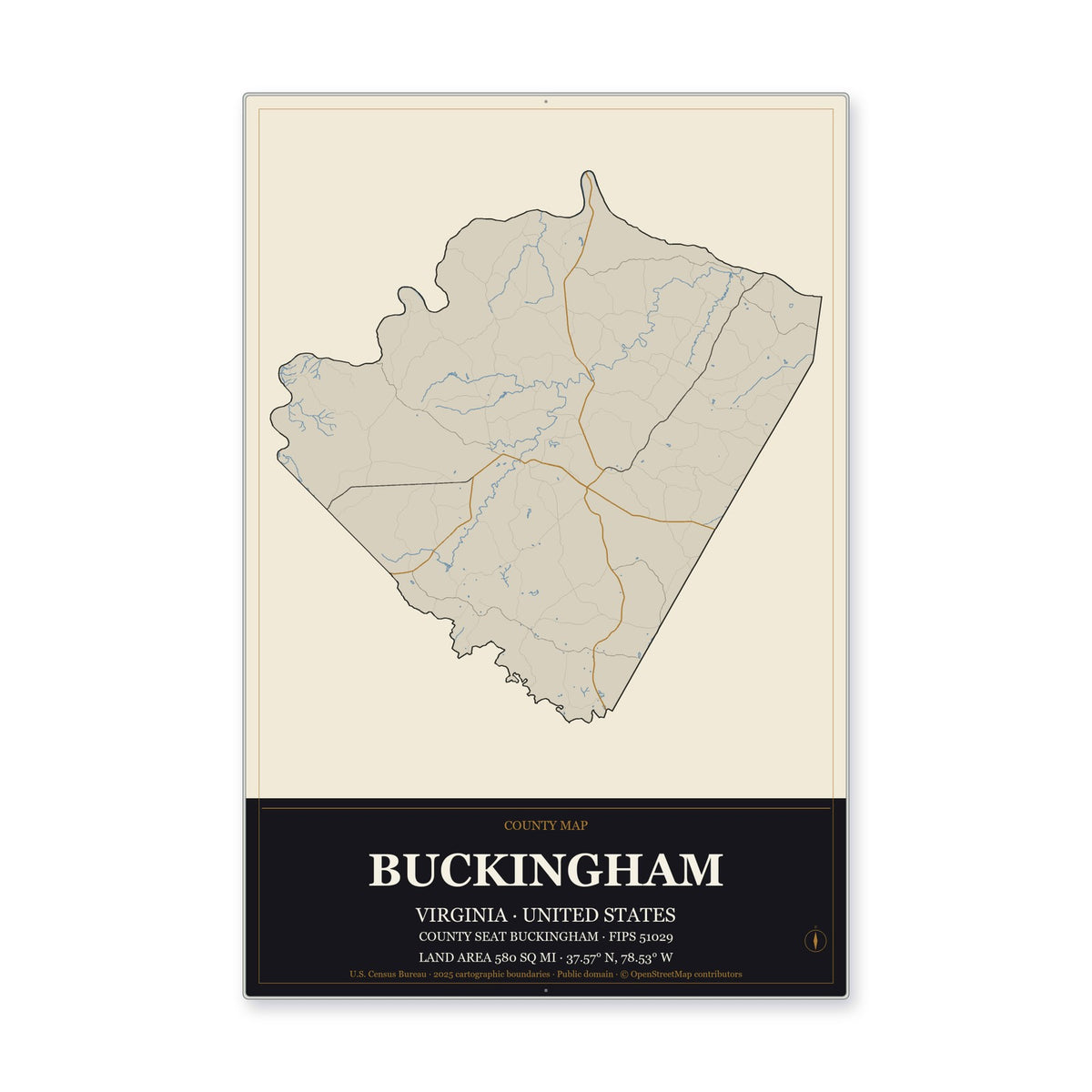 Buckingham County, Virginia Map Aluminum Sign in Museum Plaque style