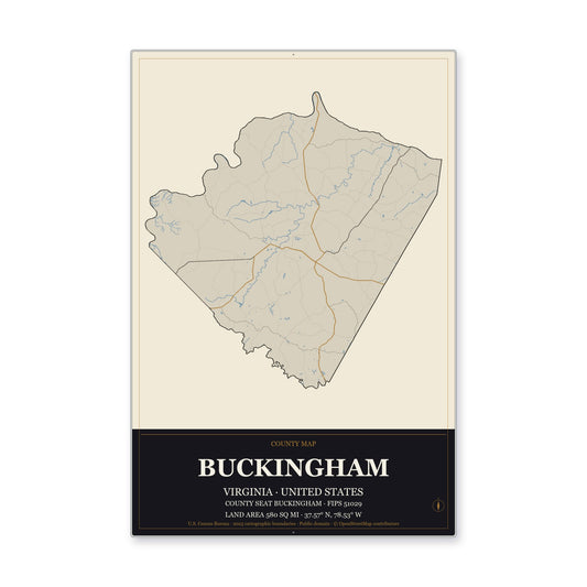 Buckingham County, Virginia Map Aluminum Sign in Museum Plaque style