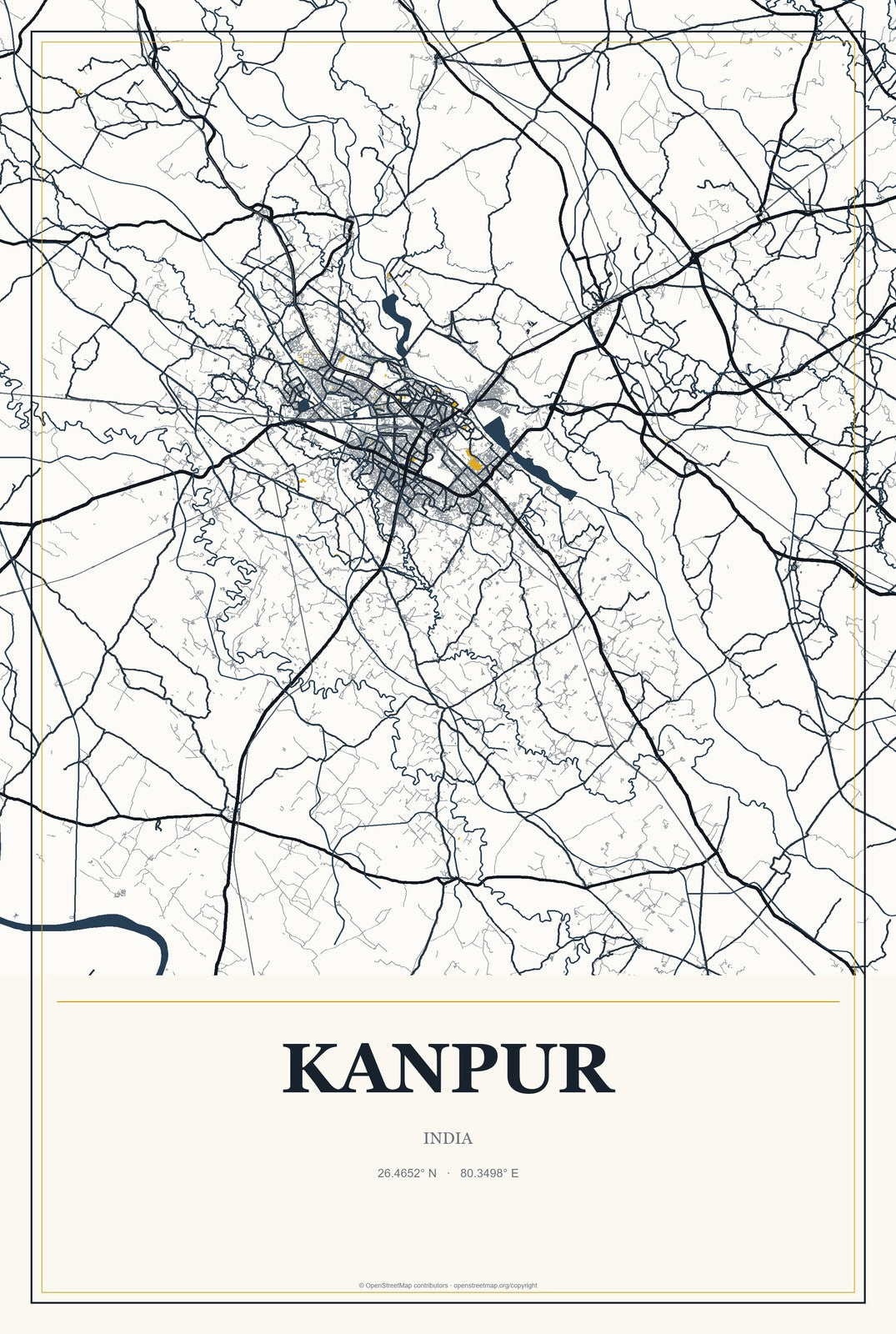 Kanpur, India City Map Aluminum Sign in Citrine Modern style