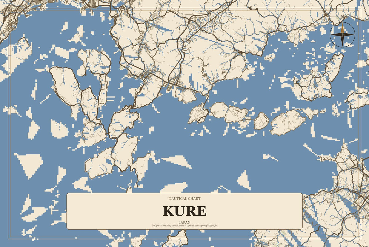Kure, Japan City Map Aluminum Sign in Heritage Nautical style