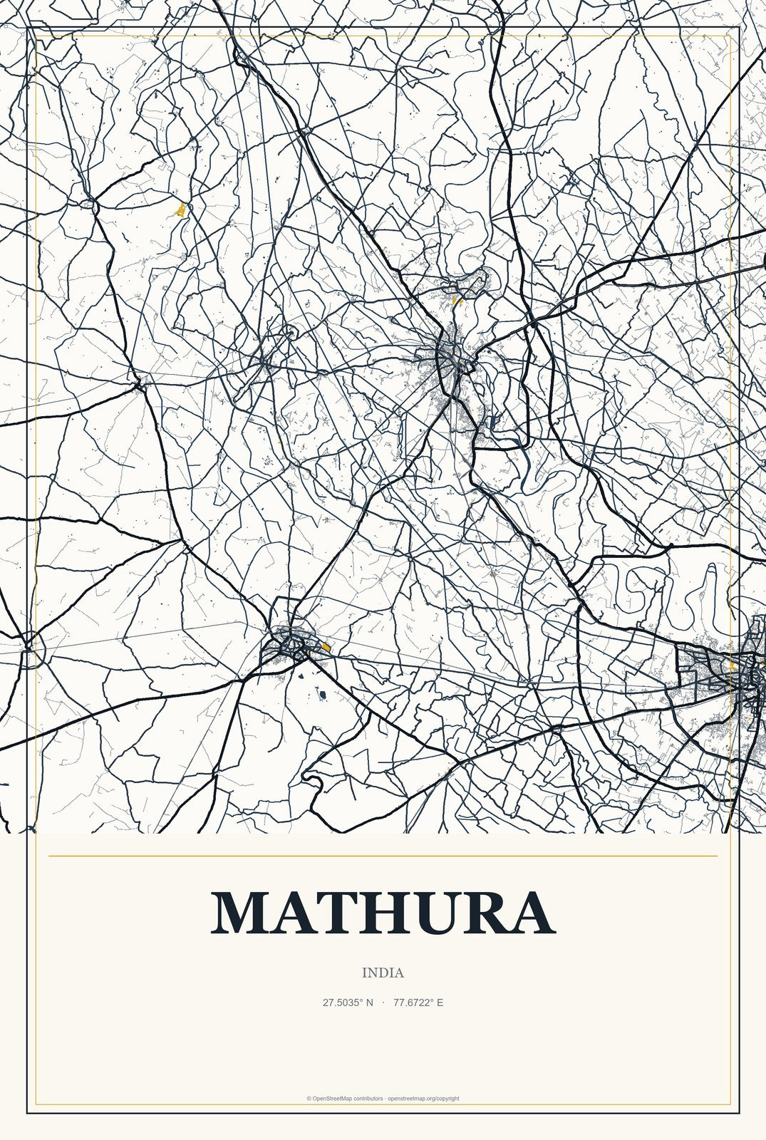 Mathura, India City Map Aluminum Sign in Citrine Modern style
