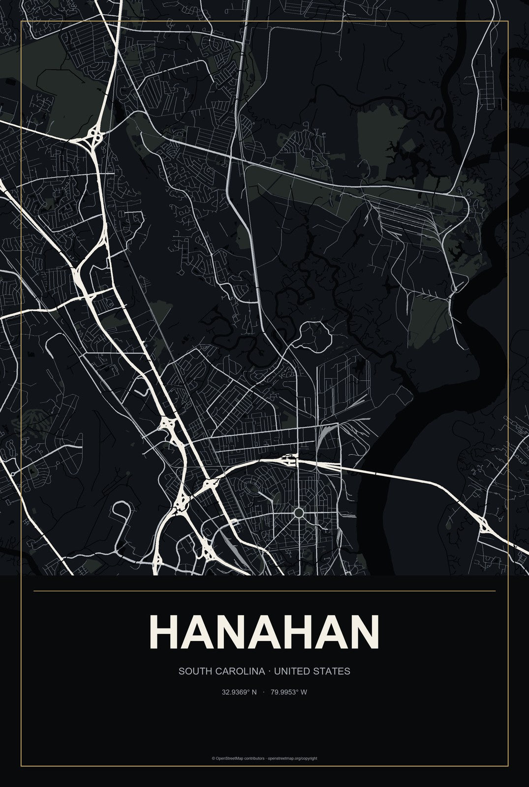 Hanahan, South Carolina City Map Aluminum Sign in Metropolitan Noir style