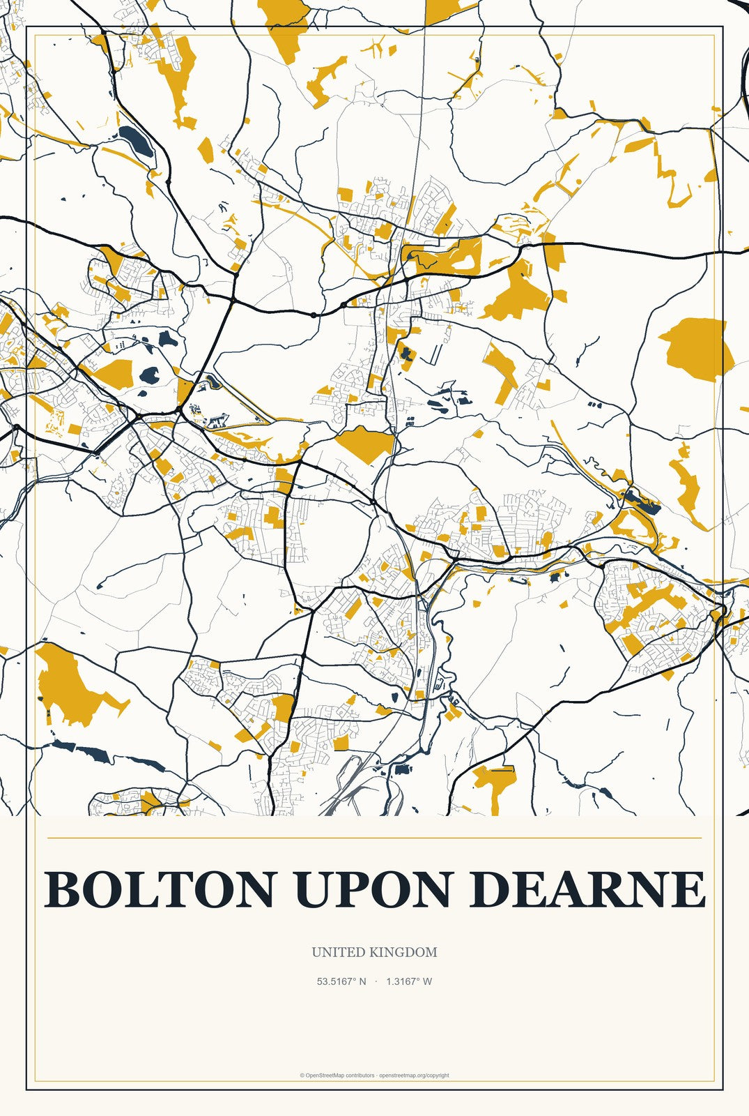 Bolton upon Dearne, United Kingdom City Map Aluminum Sign in Citrine Modern style