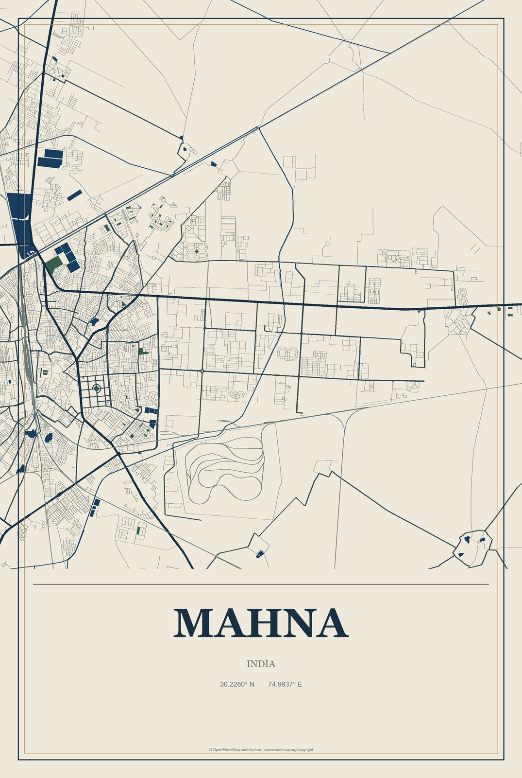 Mahna, India City Map Aluminum Sign in Coastal Cutout style