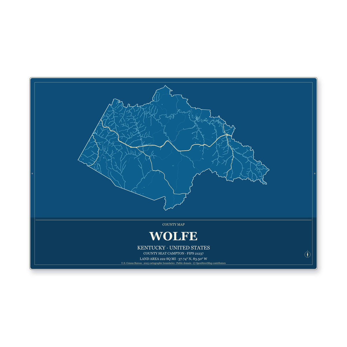 Wolfe County, Kentucky Map Aluminum Sign in Harbor Cobalt style