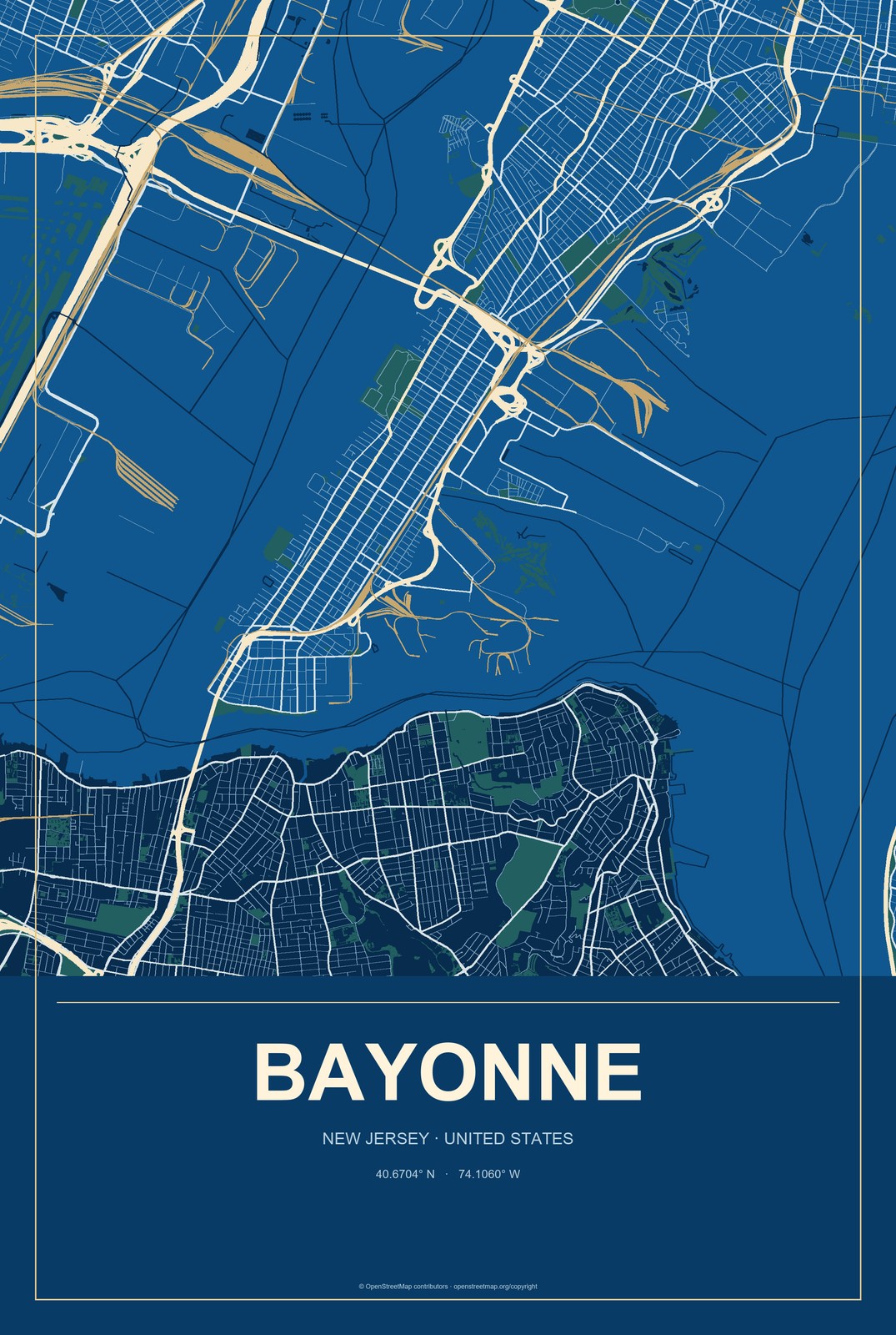 Bayonne, New Jersey City Map Aluminum Sign in Harbor Cobalt style
